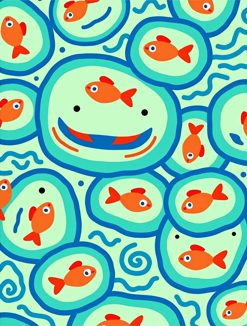 Whimsical Orange Fish Aquatic Circles Rug