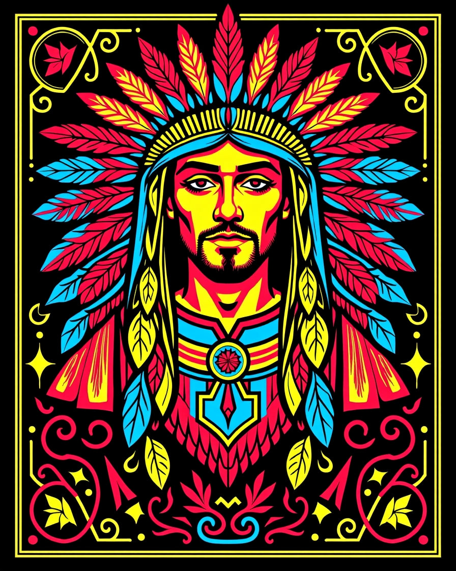 Tribal Chief Red Yellow Blue Feathers Rug