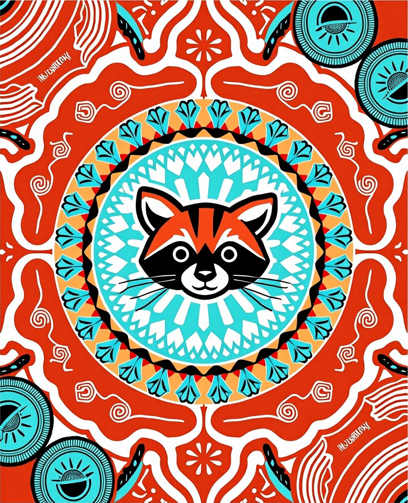 Whimsical Raccoon Tribal Mandala Rug