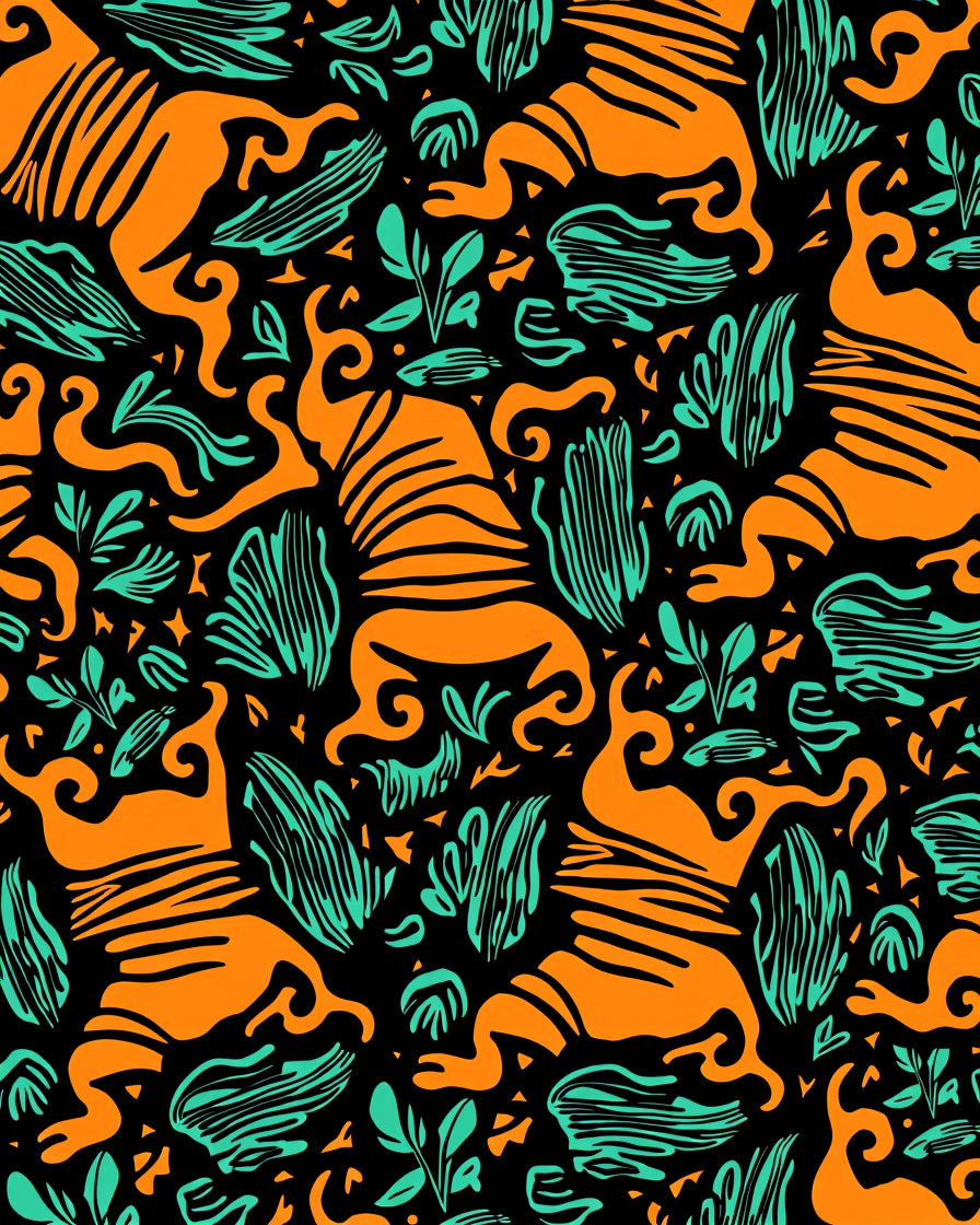 Vibrant Orange Tiger Jungle Foliage Rug