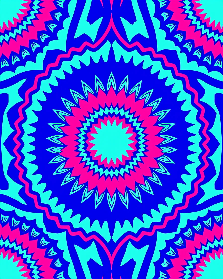 Vibrant Blue Pink Sunburst Mandala Rug