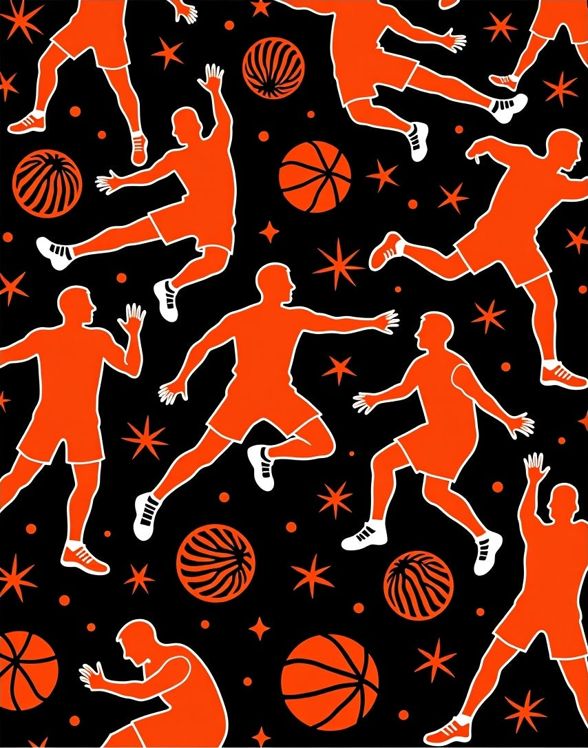 Dynamic Orange Basketball Players Action Rug
