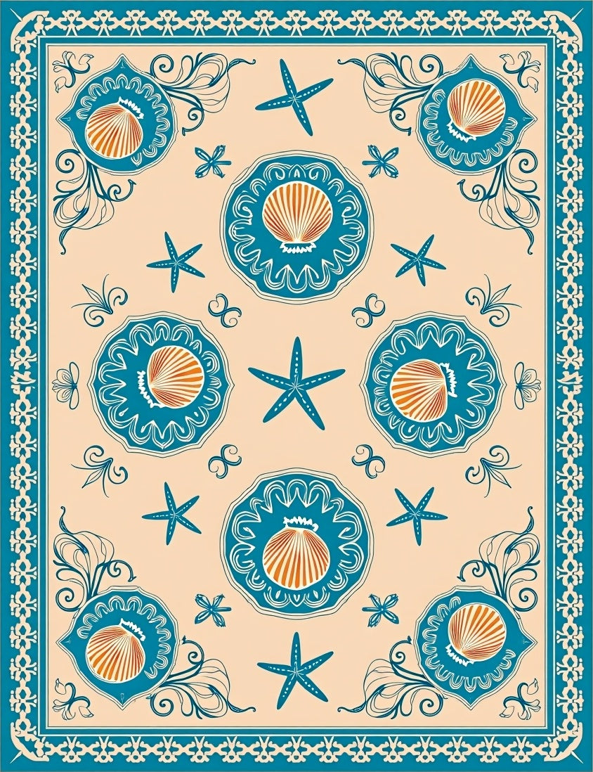 Teal Shell Starfish Medallion Beach Rug