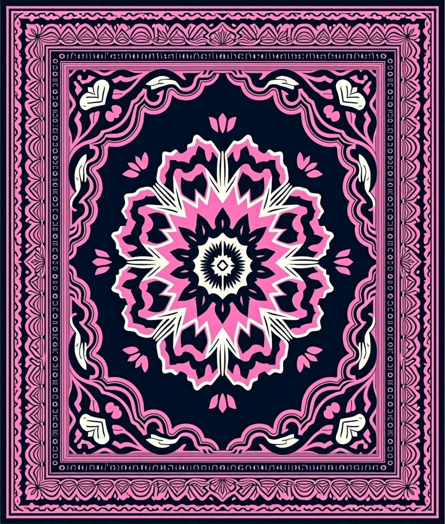Bold Pink Floral Mandala Navy Rug