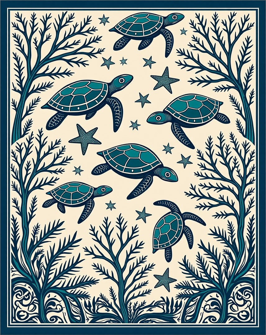 Teal Sea Turtle Starfish Marine Life Rug
