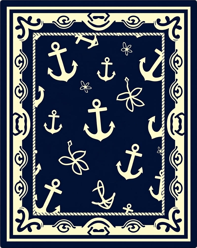 Navy Anchor And Leaf Border Rug