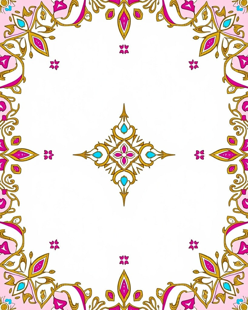 Ornate Pink Gold Teal Medallion Border Rug