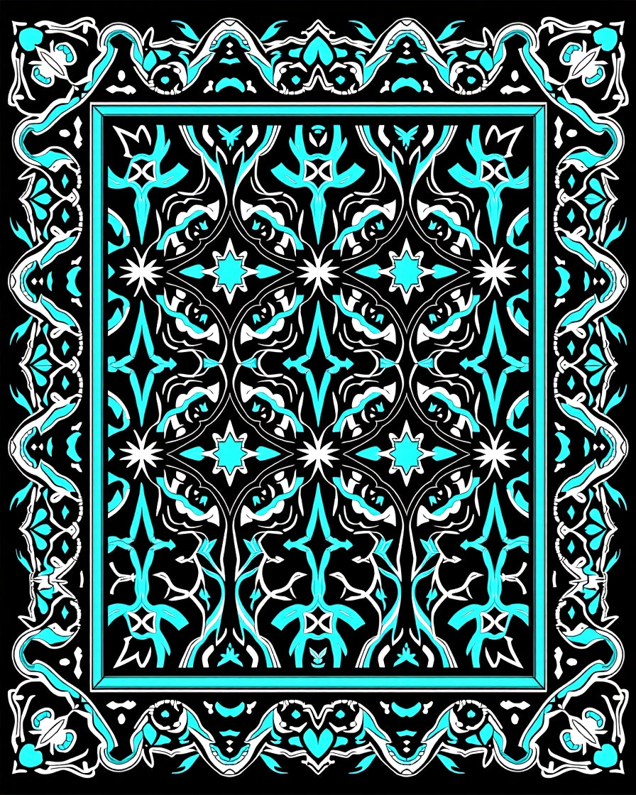 Bold Cyan Geometric Scrollwork Rug