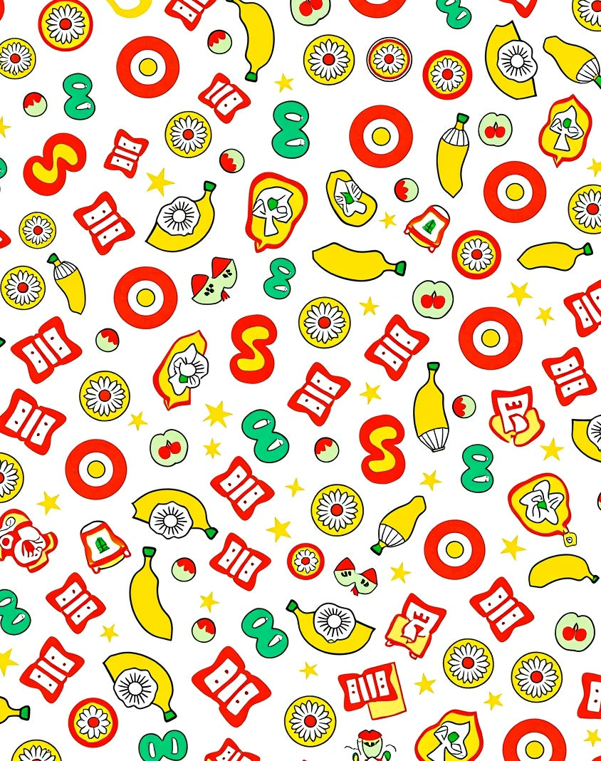 Whimsical Yellow Fruit Red Circles Green Eights Rug