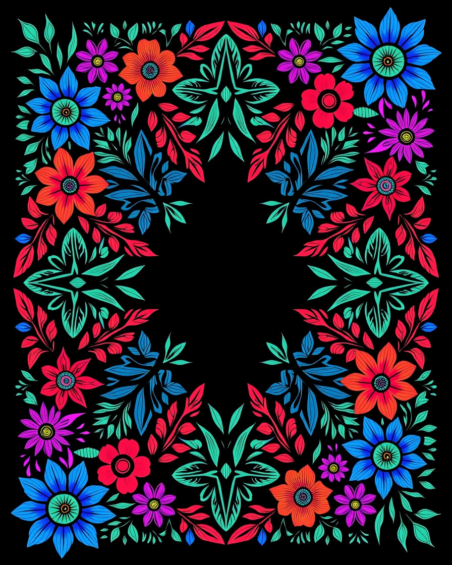 Vibrant Floral Border with Geometric Accents Rug