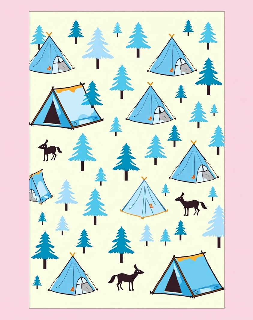 Blue Camping Tents And Forest Animals Rug