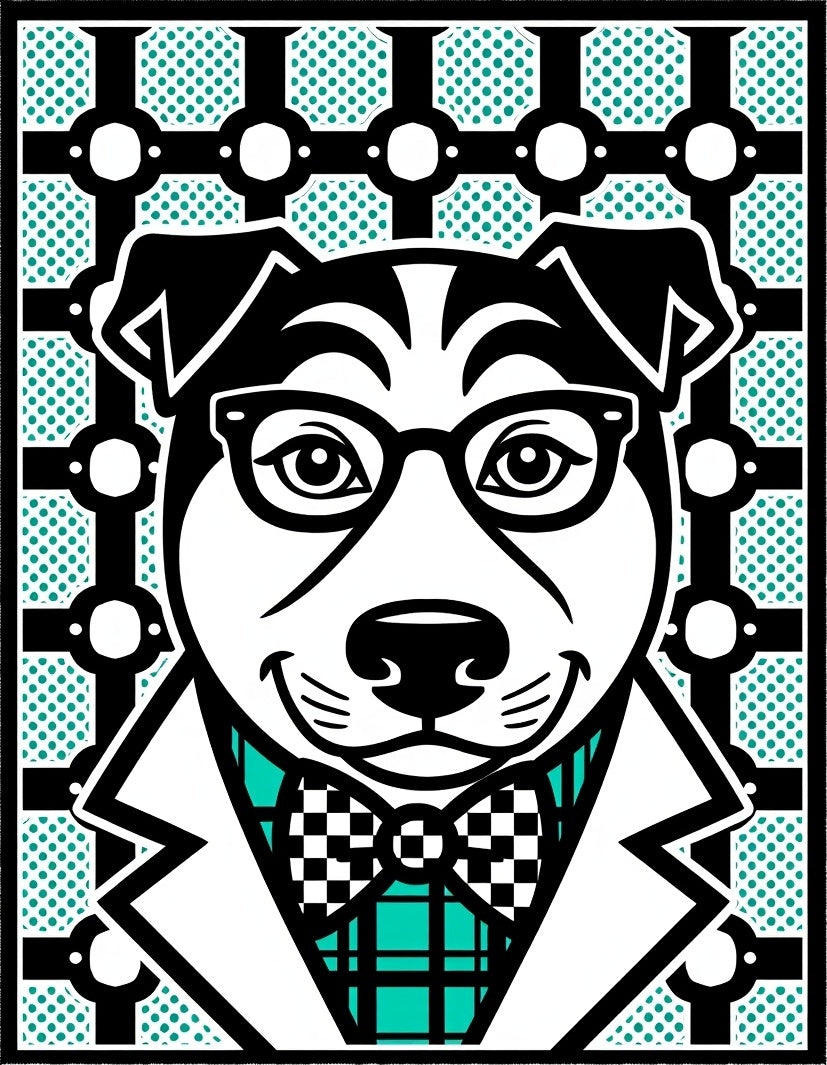 Dapper Dog Black Glasses Turquoise Plaid Rug