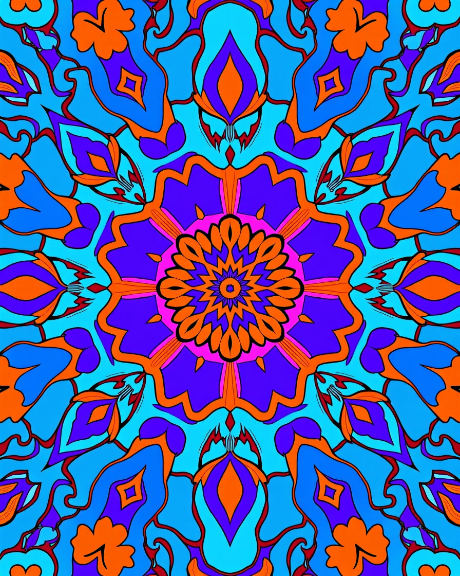 Vibrant Orange Blue Medallion Swirl Rug