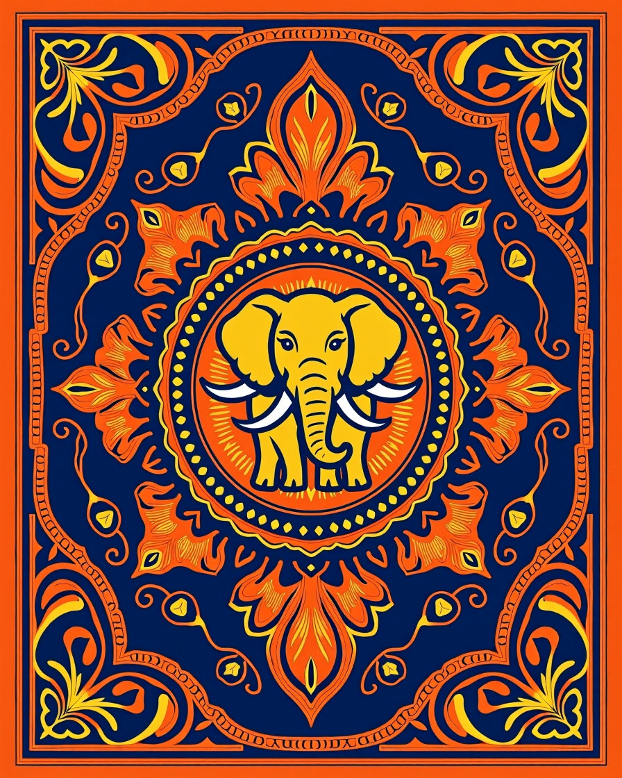 Vibrant Elephant Mandala Navy Orange Rug