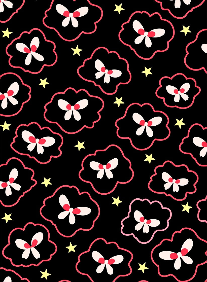 Black Pink Outline Butterfly Star Rug
