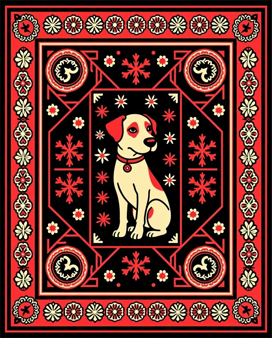 Whimsical Dog Red Black Floral Border Rug