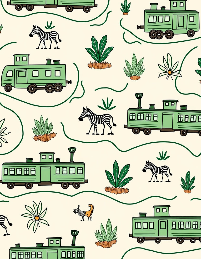 Green Train Safari Animals Beige Cream Rug
