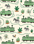 Green Train Safari Animals Beige Cream Rug