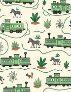 Green Train Safari Animals Beige Cream Rug