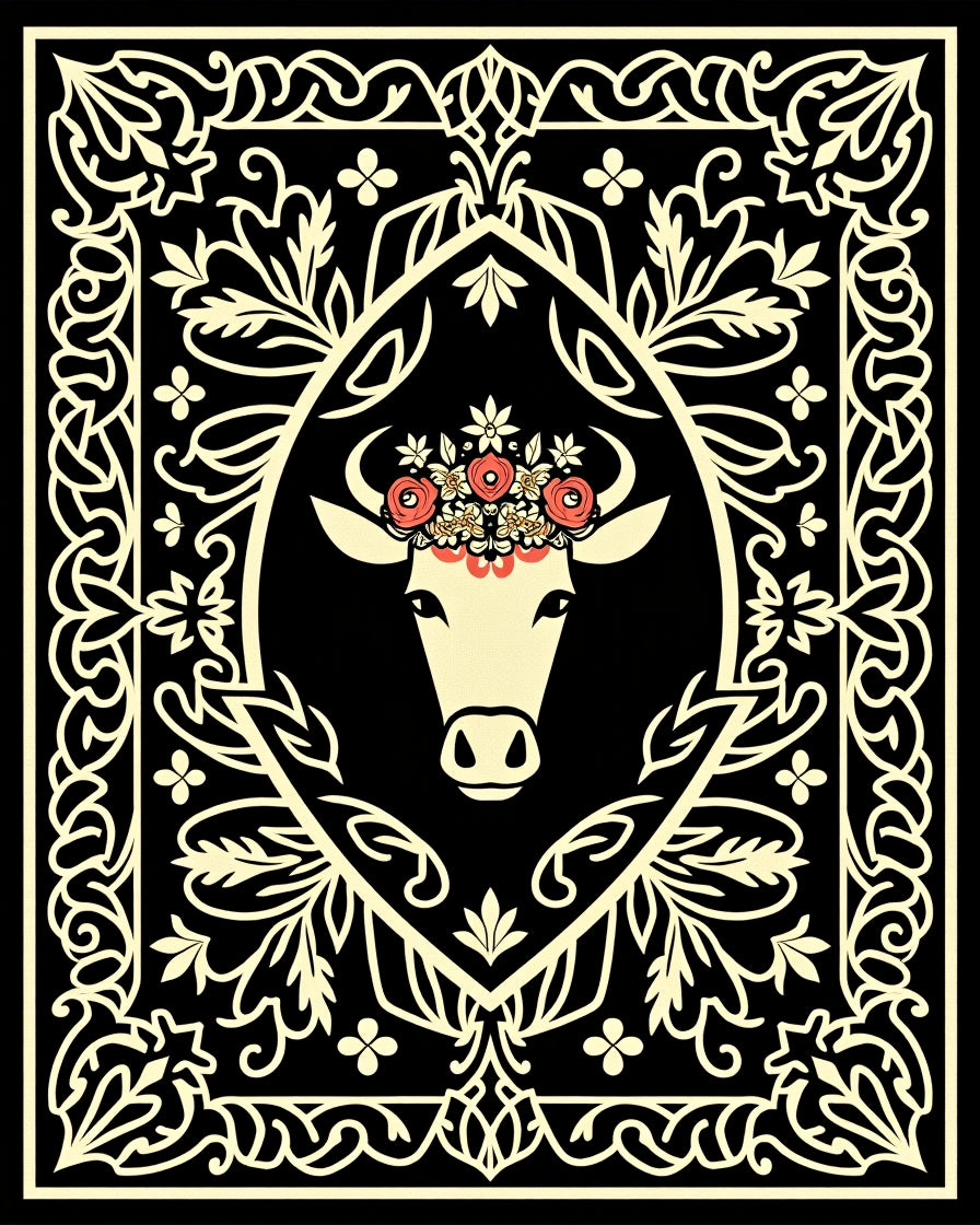 Cream Cow Floral Crown Black Border Rug