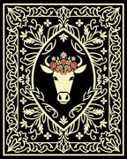 Cream Cow Floral Crown Black Border Rug