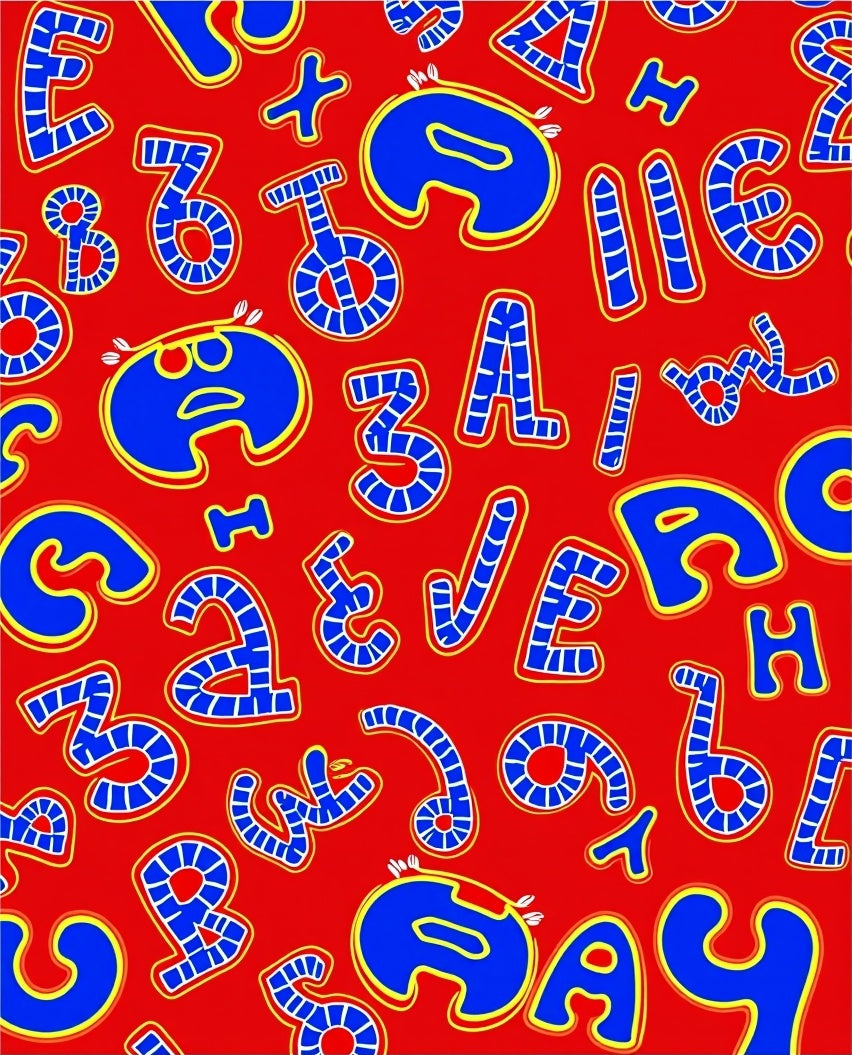 Vibrant Red Blue Alphabet Collage Rug