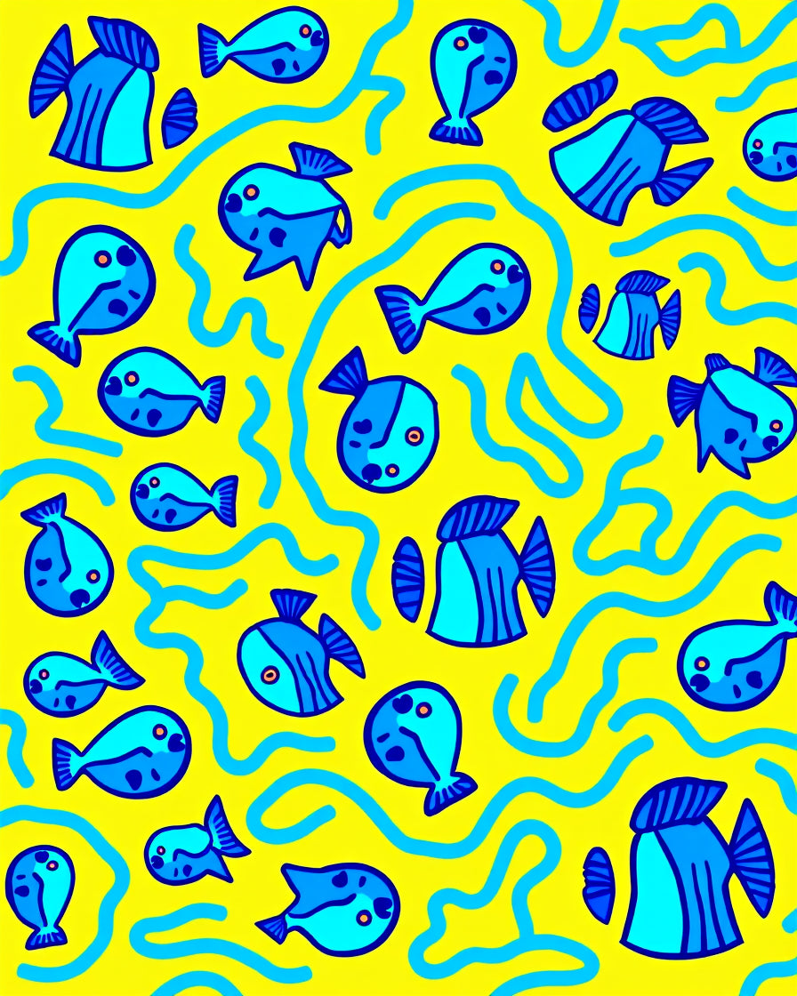 Whimsical Blue Fish Yellow Waves Rug