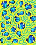 Whimsical Blue Fish Yellow Waves Rug