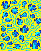 Whimsical Blue Fish Yellow Waves Rug