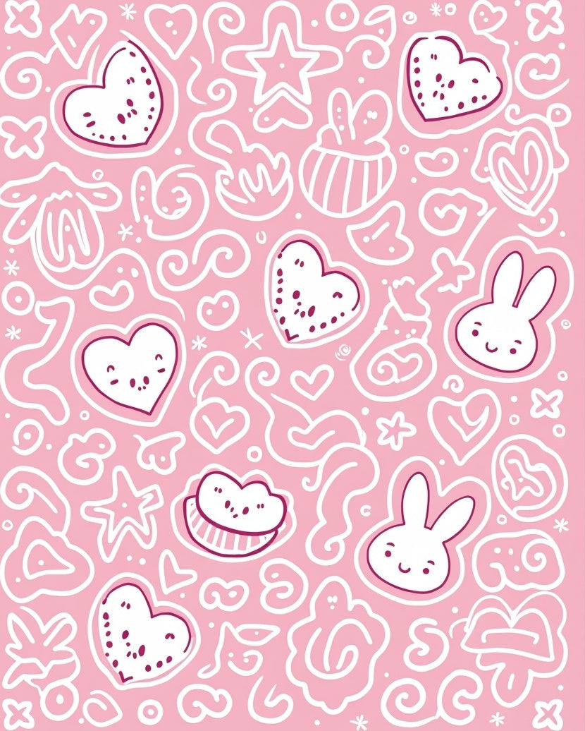 Cute Pink Doodle Hearts Bunnies Stars Rug