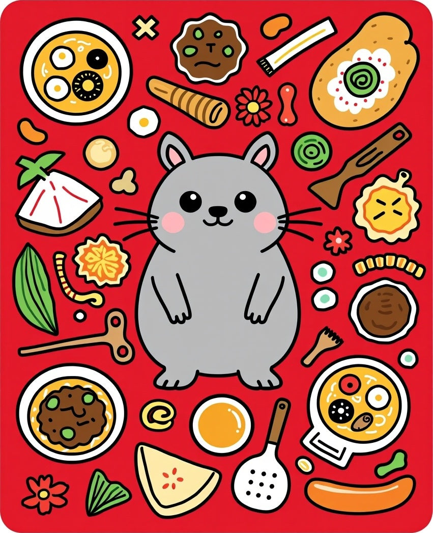 Gray Cat Food Collage Red Rug
