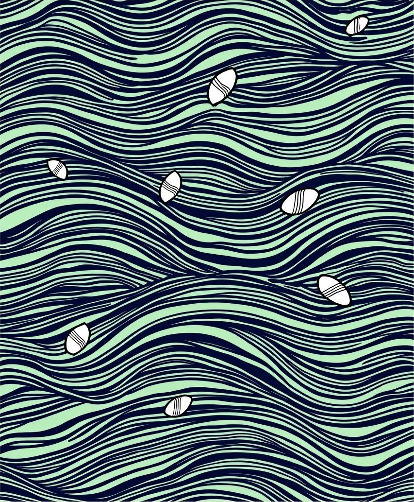 Navy Aqua Waves Small Boat Scene Rug
