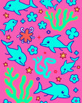 Aqua Dolphins Coral Garden Pink Background Rug