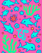 Aqua Dolphins Coral Garden Pink Background Rug