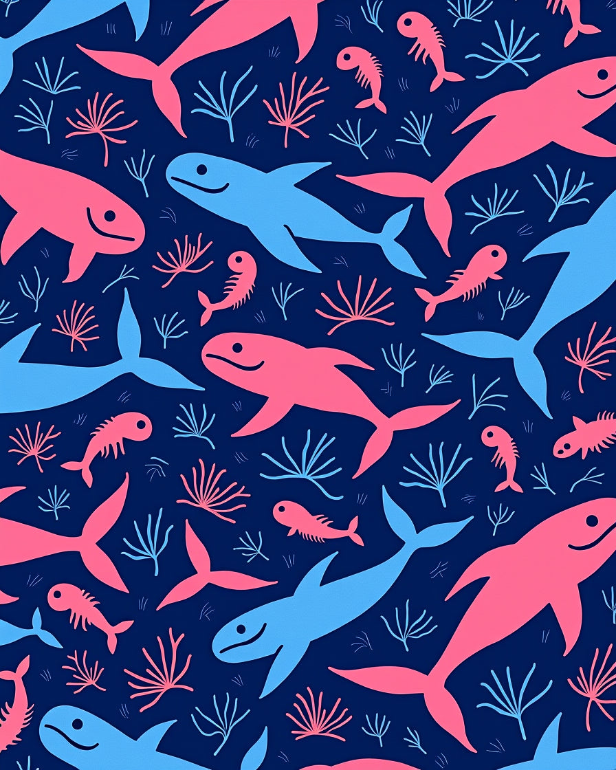 Pink Blue Whales Coral Navy Rug
