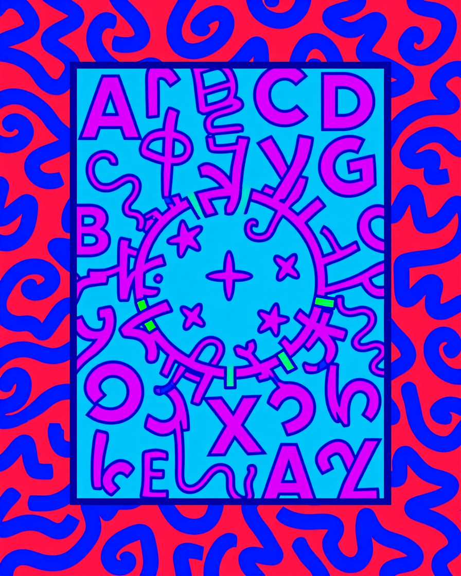 Red Blue Abstract Alphabet Circle Rug
