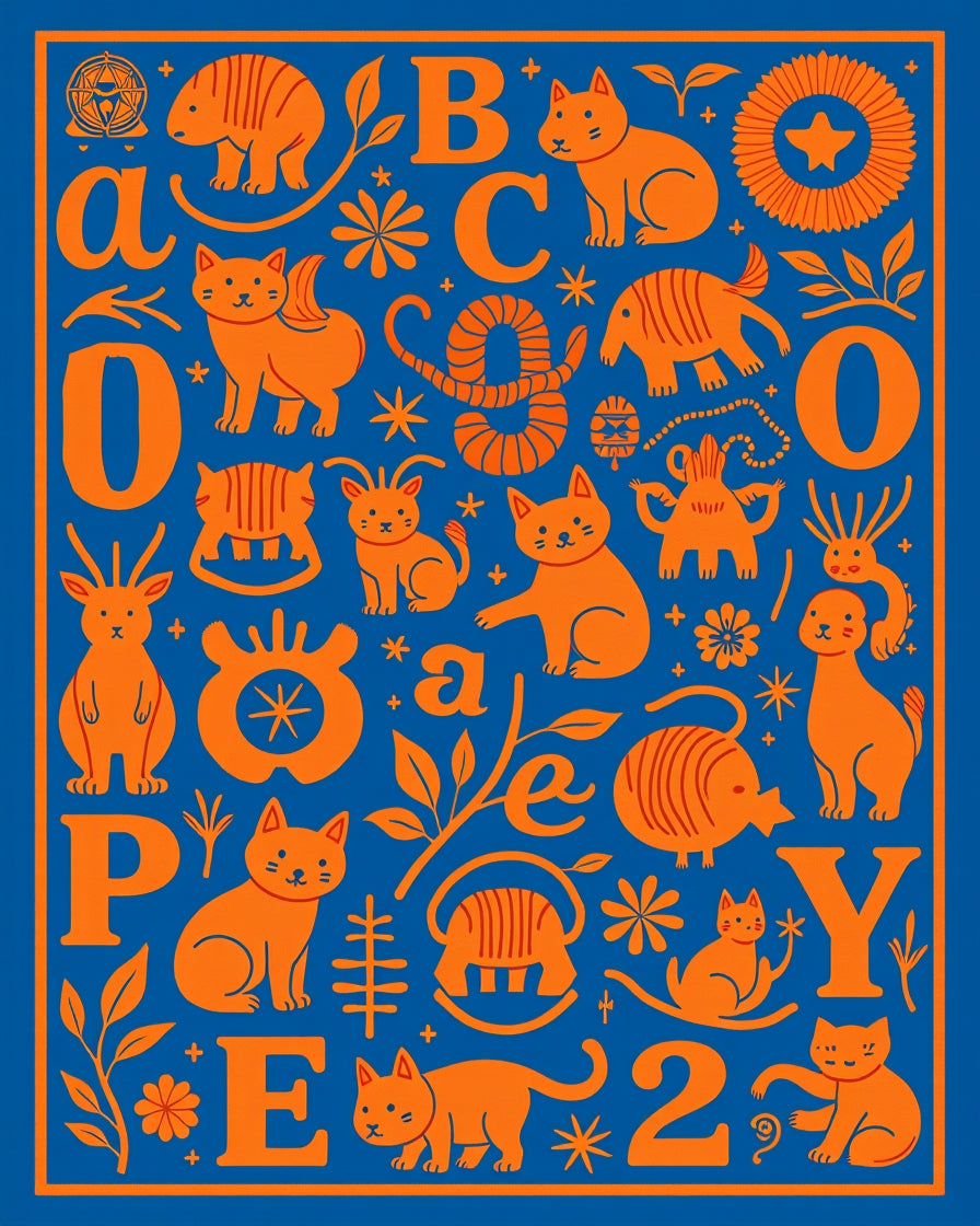Whimsical Orange Animals Alphabet Collage Rug