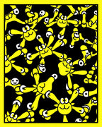 Whimsical Yellow Characters Black Background Rug