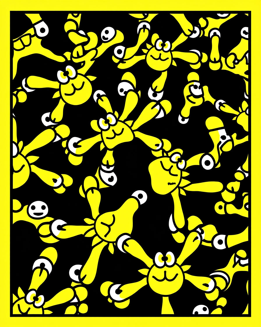Whimsical Yellow Characters Black Background Rug