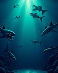 Deep Blue Ocean Shark School Rug