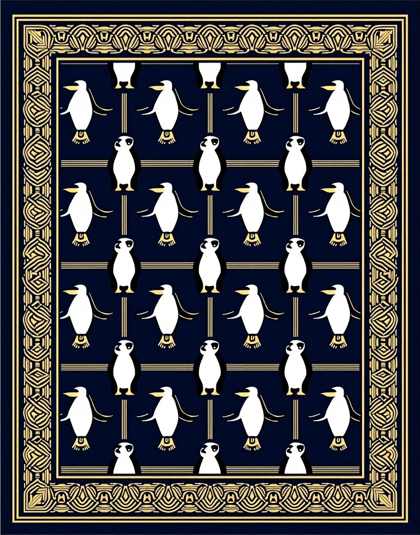 Navy Gold Penguin Border Rug