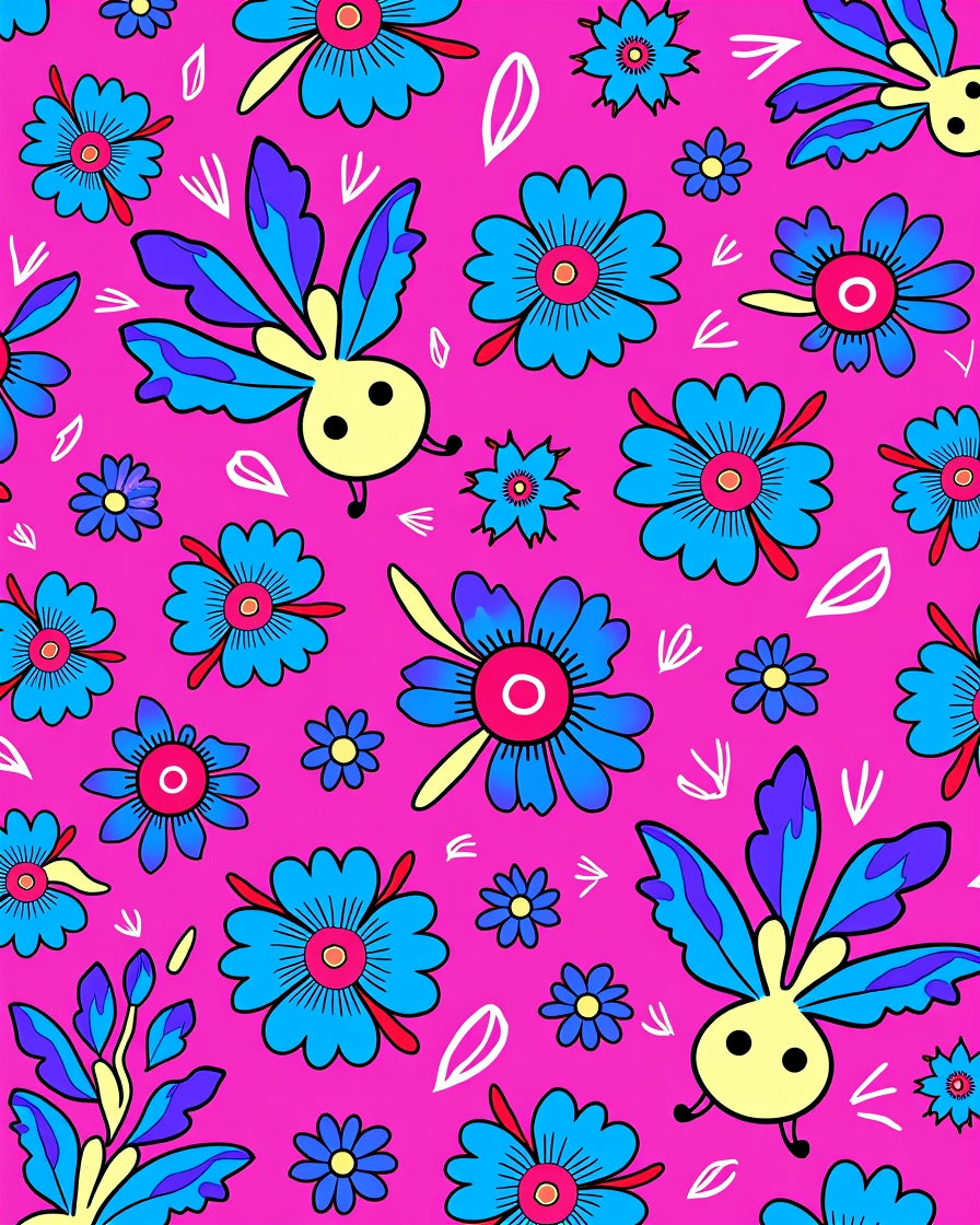 Whimsical Blue Flower Creature Pink Rug