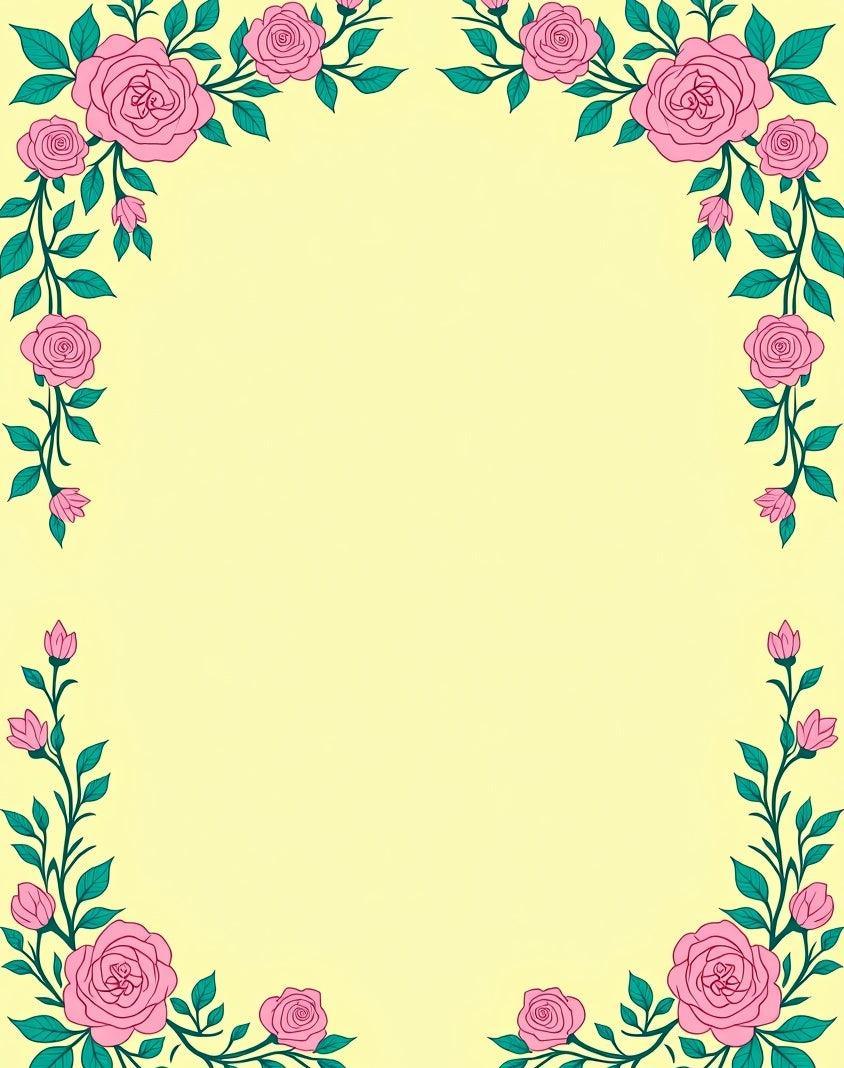 Pink Roses and Green Leaves Border Rug