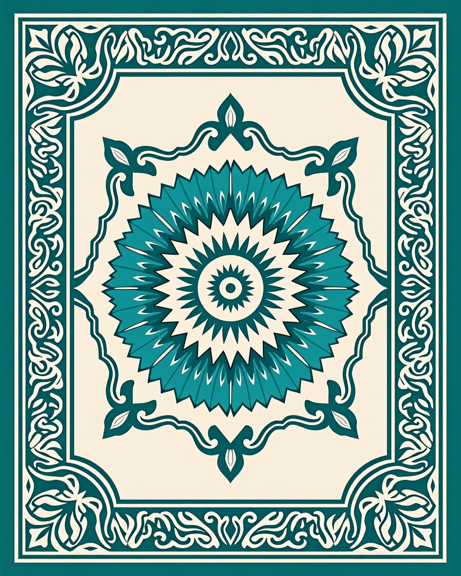 Teal Medallion Bordered Cream Rug