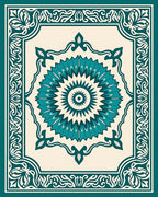 Teal Medallion Bordered Cream Rug