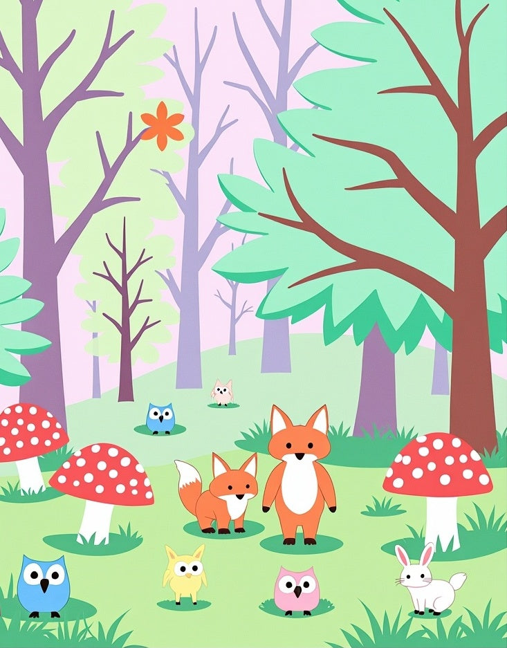 Whimsical Woodland Creatures Fox Owl Mushroom Garden Rug