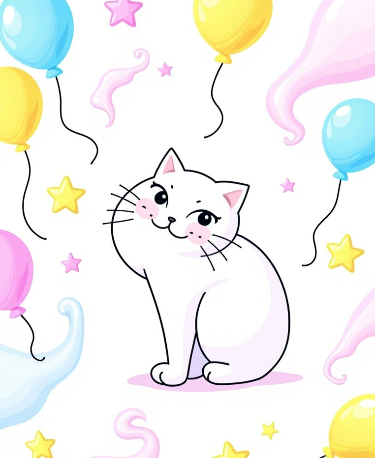 Whimsical White Cat Pastel Balloons Stars Rug