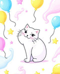 Whimsical White Cat Pastel Balloons Stars Rug