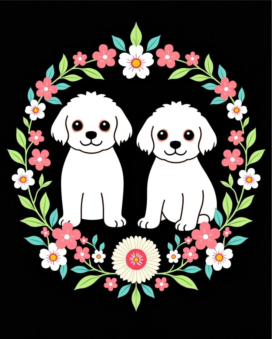 Whimsical White Puppy Floral Wreath Rug