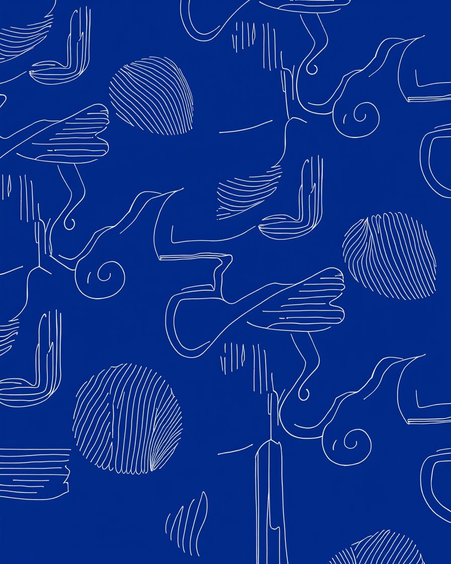 Abstract Blue White Line Art Swirl Rug